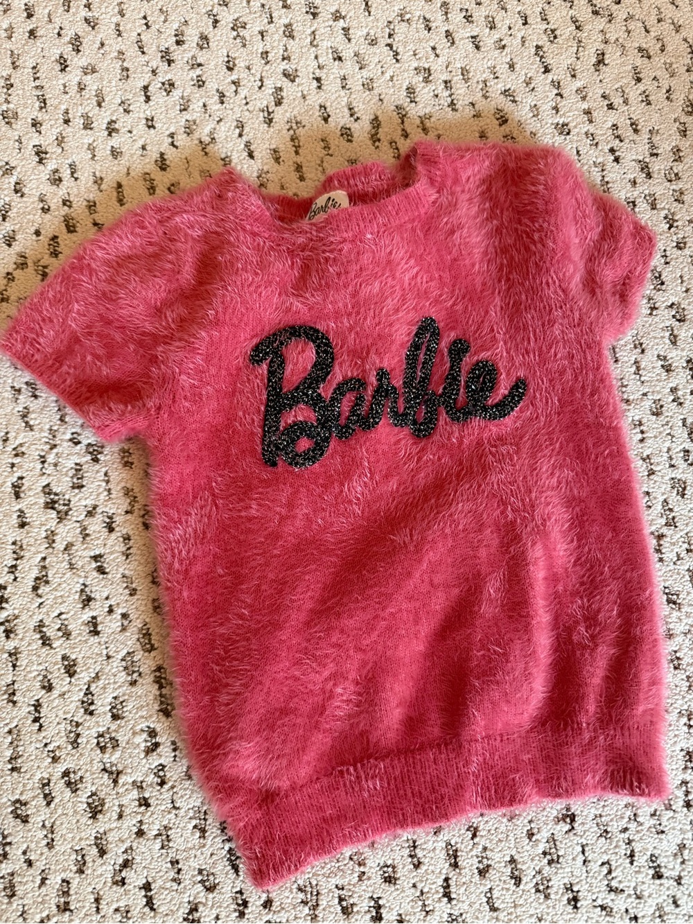 Barbie Hot Pink Fuzzy Short Sleeve Knit Top with Black Glitter Script